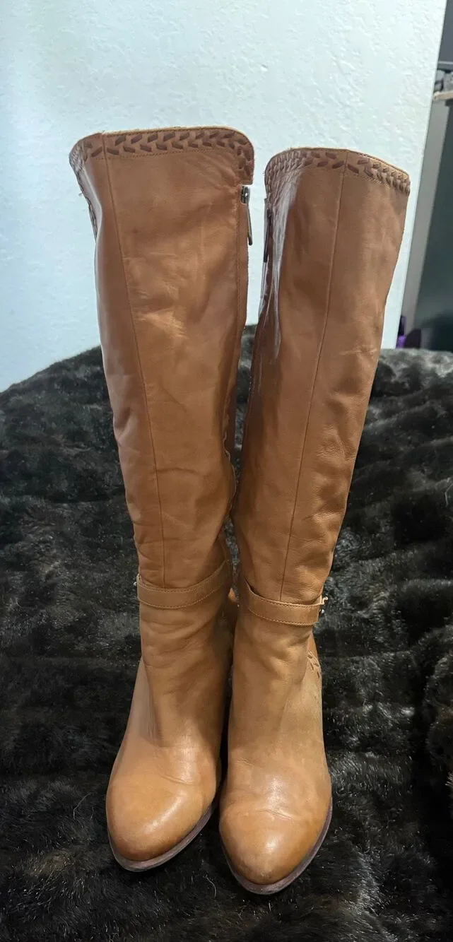 UGG Claudine Brown Leather Knee High Heeled Boots sz 11 equestrian riding